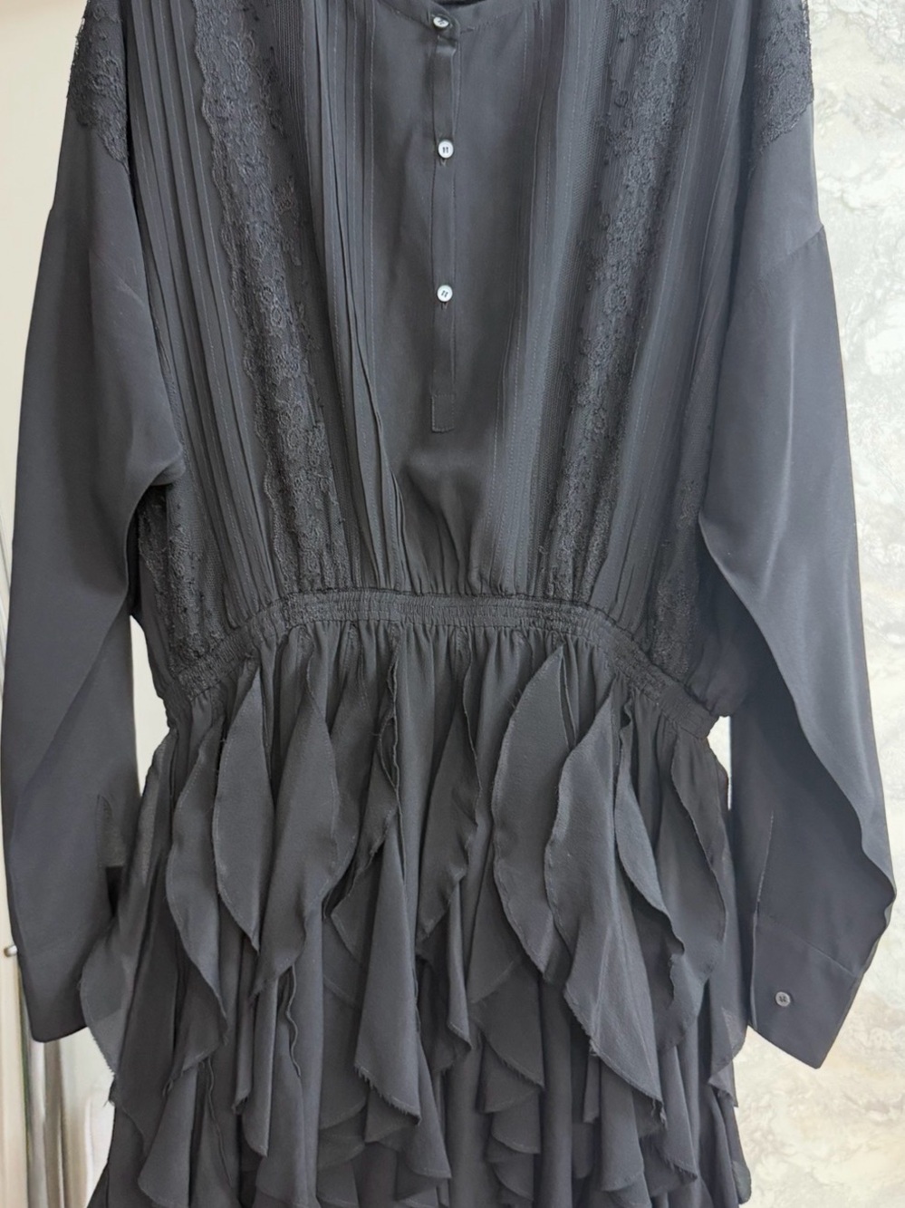 Faith Connexion Black Ruffled Pintuck & Lace Long-Sleeve Blouse
